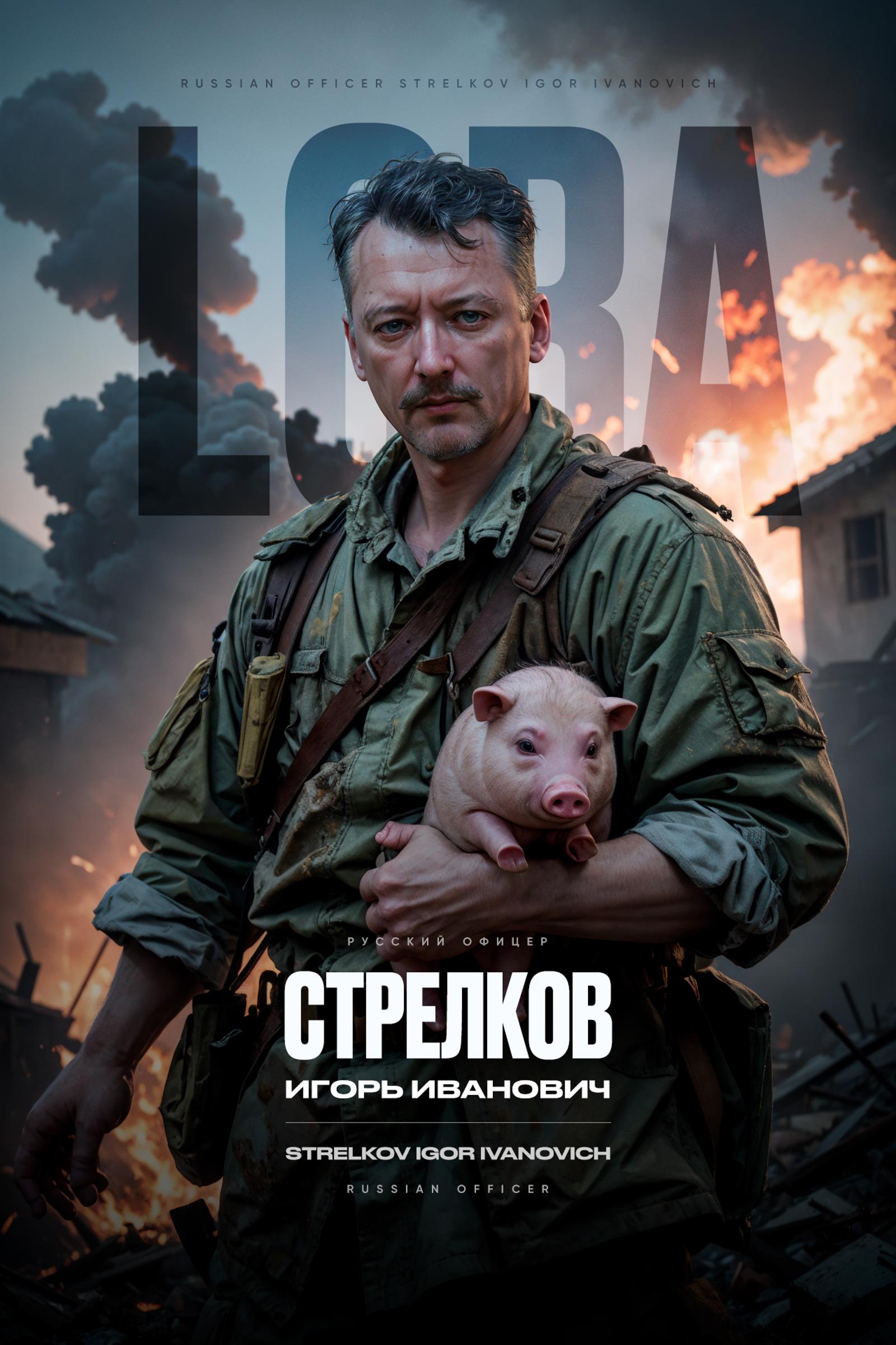 Man holding a piglet in a movie poster for Luba.