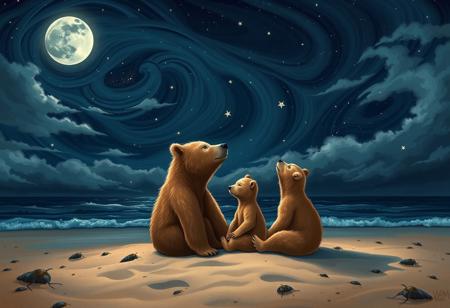 Under starry skies, a mother bear and her cub sit together on a moonlit beach, surrounded by the gentle lapping of the waves. The mama bear's fur is a warm golden brown, blending with the sandy dunes behind them. Her curious little one gazes up at the swirling clouds, stars twinkling like diamonds scattered across the velvety darkness. The air is crisp and cool, filled with the sweet scent of saltwater and seaweed. The bears' profiles are illuminated by a soft, silvery light, as if the moon itself has come to join them in their stargazing reverie.