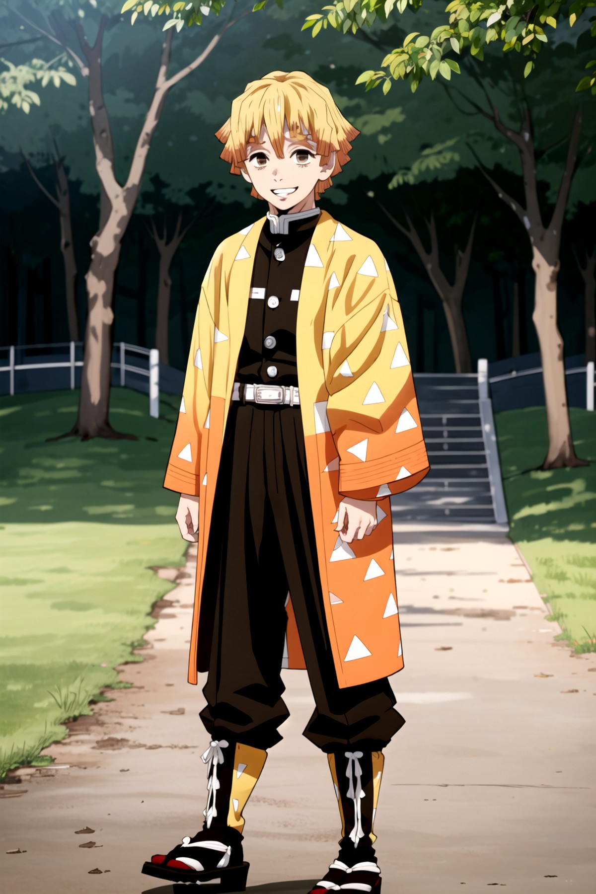 demon slayer uniform, 1boy, solo, male focus,  two-tone hair,  blonde hair, smile, japanese clothes, pants, long sleeves, ...