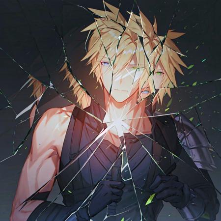 masterpiece, best quality,glass, broken glass, blonde hair, cloud strife, spiked hair, gloves, green eyes, blue eyes, sleeveless, heterochromia, male focus, shirt, short hair, black gloves, multiple boys, hair between eyes, armor, upper body, looking at viewer, shoulder armor, 1boy, high collar, bangs, bare shoulders, open collar, black background, collarbone, reflection, glowing, cowboy shot <lora:Glass-000010:1>,