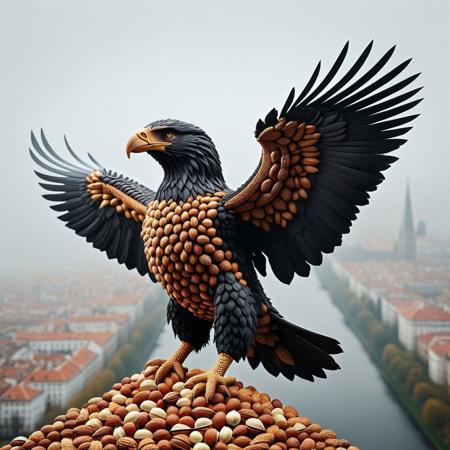 nutstylesnut, a pure black eagle made of nuts, closeup view, flying, view from above, view from up in the sky.
city background, fog, depth of field.
(black theme:1.5).
BREAK
aidmaMJ6.1, sfw, PG, anatomically correct, proper proportions, absurdress, newest, perfect quality, best quality, absolutely eye-catching, creative, beautiful, vibrant, masterpiece, 8k, Ultra HD, amazing details, sharp edges, detailed textures, full view, atmospheric lighting, amazing visuals