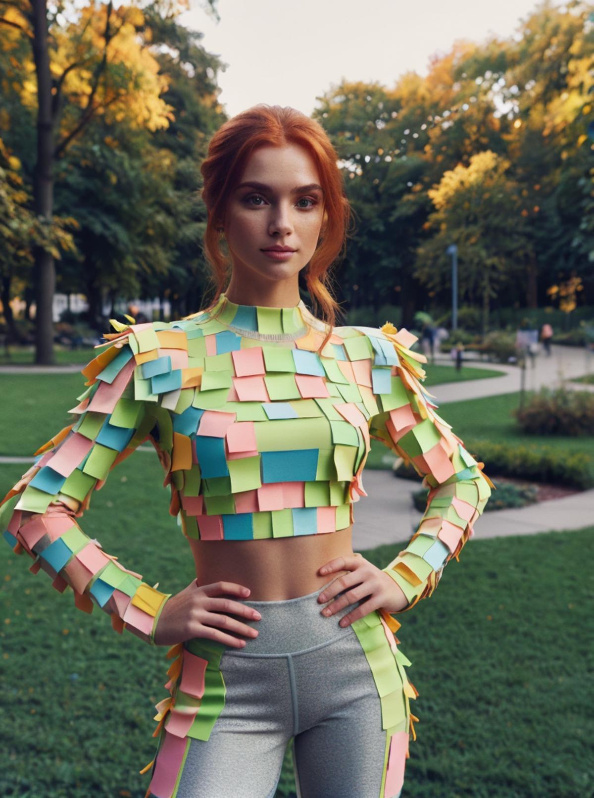 A woman wearing a green and pink shirt made from paper.