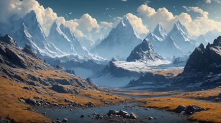 enviromentart, no humans, scenery, outdoors, rock, bird, sky, cloud, mountain, day, concept art, <lora:environmentart:0.7>