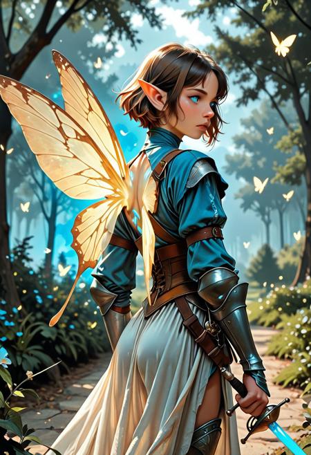 score_9_up, score_8_up, score_7_up, score_6_up. masterpiece, best quality, good quality, very aesthetic, absurdres, semirealism, RapierXL, fantasy, 8K, depth of field, focused subject, cowboy shot, Elf knight, 19yo male, fairy, androgynous, pointed ears, short brown hair, male haircut, blue eyes, wearing detailed armor,  he is standing, holding sword, rapier, weapon, blue glowing sword, large white glowing butterfly wings on the knight's back, park,