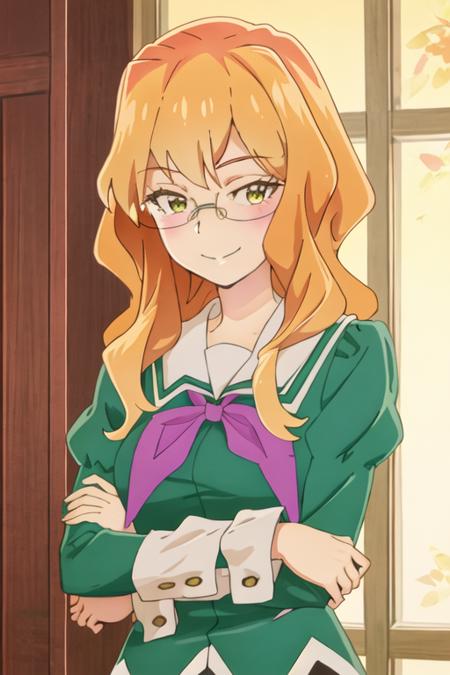 best quality, masterpiece, highres, solo, {chibana_sumika_watashinoyuriwaoshigotodesu:1.15}, long_hair, blonde_hair, glasses, green_eyes, smile, 1girl, school_uniform, looking_at_viewer, rimless_eyewear, blush, closed_mouth