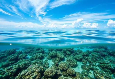 ultra HD, high quality, 4K, score_9, score_8_up, score_7_up, under the ocean, coral reefs, Ocean seascape calm waves with blue sky and clouds, light sand ripples water, vibrant blue, <lora:aidmaFluxStyleXL-v0.2:0.7>, 
 <lora:aidma-Image Upgrader-v0.1:0.351>, intricate detail, winning, sharp focus, original, flux-style