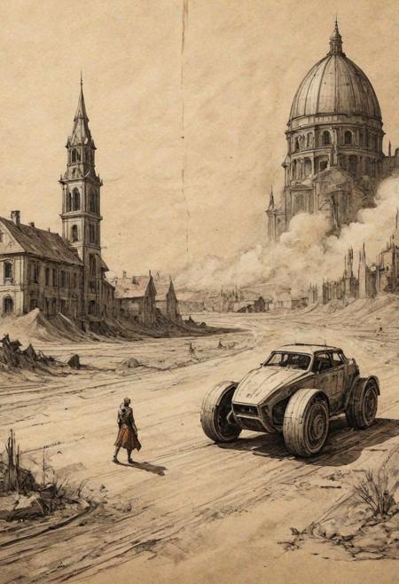 linquivera, liiv1, on parchment
sketch of vehicle in a futuristic but dystopian open environment,an open field, in a setting that features a woman walking away from a burning building. The scene should embody the depth and emotion typical of Renaissance art, with realistic details and proportions. Subtly integrate futuristic technology elements into this historical context, such as a small, advanced gadget or an anachronistic accessory that hints at advanced technology. The color palette should blend the rich, deep hues of Renaissance art with subtle metallic or neon accents to represent the futuristic aspects, creating a captivating juxtaposition of eras