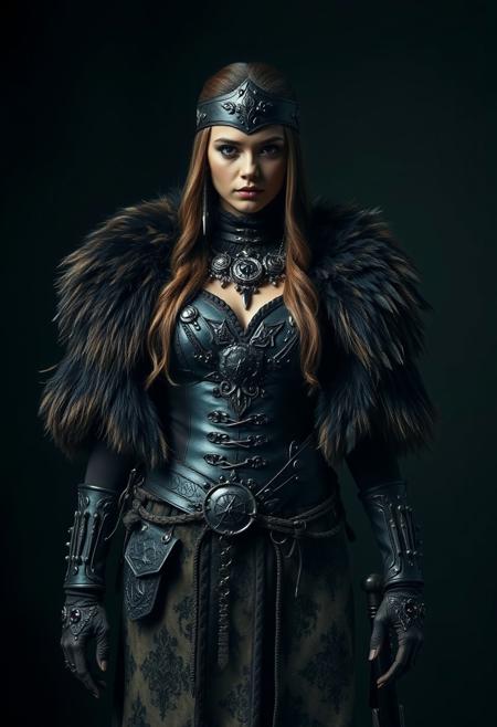 Full shot, standing pose of a Northern female warrior princess, Alexander McQueen fashion costume, fur, feathers, metal, leather, damask fabric, top soft light, dark environment, highly detailed, melancholic