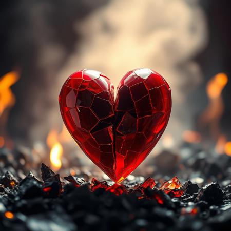 Close-up shot of a red shattered glass heart, bisected along its central axis, revealing a dark, ominous core. Soft, golden light pours down from above, bathing the scene in a warm, ethereal glow. The surrounding environment is a blurred haze of black lava and flames and ash, adding depth and mystery to the composition. The level of detail is meticulous, with each shard of glass and every texture rendered in high definition.