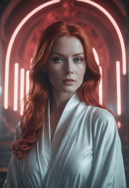 the 100-inspired, hologram of female emperor, white robe, futuristic temple, galactic leader, futuristic setting, natural beauty, cinematic film still, stunning eyes, light red hair, long hair, desaturated, dramatic lighting, desaturated background, bokeh, dark theme, soothing tones, depth of field, dramatic backlighting, film grain, Surreal Harmony, 8k uhd, high quality, hdr, sharp photography
