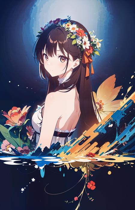 (abstract art:1.5), (masterpiece, best quality, ultra high res:1.2), 1girl, flower crown, from side, looking at viewer,