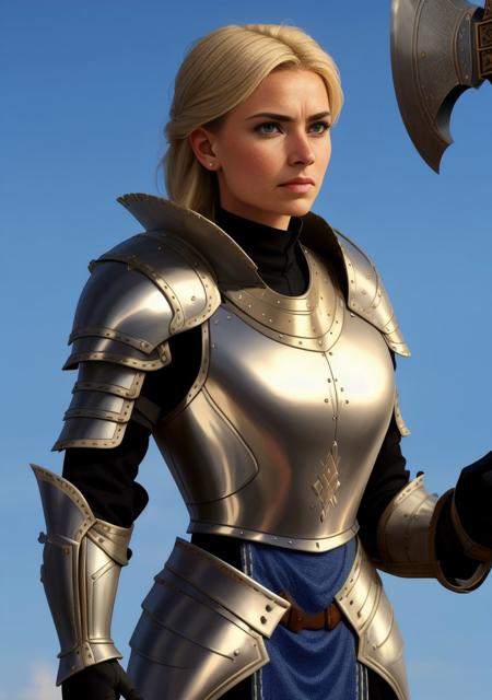 <lora:Female_Halberd-10:0.7> woman, girl, 1girl, 1woman, armor, plate armor, heavy armor, halberd, wielding halberd, holding halberd, halberd in hand, blonde, castle, fantasy, castle exterior, blue sky, worried, worried expression, human, knight, halberdier, ewd skirt, shield, round shield, plate greaves, plate shoulderguards, plate shoulderpads