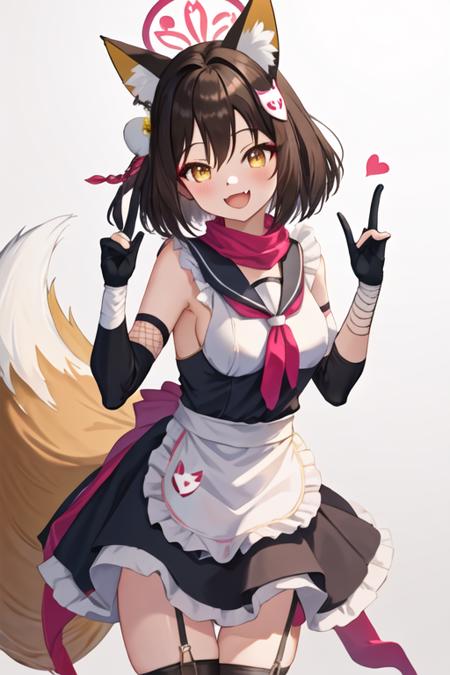 best quality, masterpiece, highres, solo, {izuna_bluearchive:1.15}, animal_ears, fox_ears, fox_girl, animal_ear_fluff, halo, brown_hair, bangs, short_hair, yellow_eyes, hair_ornament, smile, open_mouth, blush, fang, fox_tail, tail, hair_between_eyes, breasts, serafuku, :d, alternate_costume, apron, looking_at_viewer, maid, maid_apron, maid_headdress, 1girl, holding, enmaided, heart