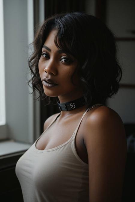 (analog photo:1.1), (a punk:1.2) brown short curly hair, (black t-shirt:1.15), (20 years old, young:1.2),(Ebony girl:2.0), (Dark skin girl:1.5), petite, choker, cream eyeliner, Latin, cozy bedroom, (neon glow, cyberpunk:1.2), waves, warm colors, (inviting expression:1.05), RAW Photograph, dslr, soft lighting, high quality, film grain, Fujifilm XT3, (nsfw:1.1), insane details, masterpiece, 8k, 35mm photograph, dslr, kodachrome, vignette, vintage, Kodachrome, Lomography, stained, highly detailed, found footage, CyberRealistic_Negative