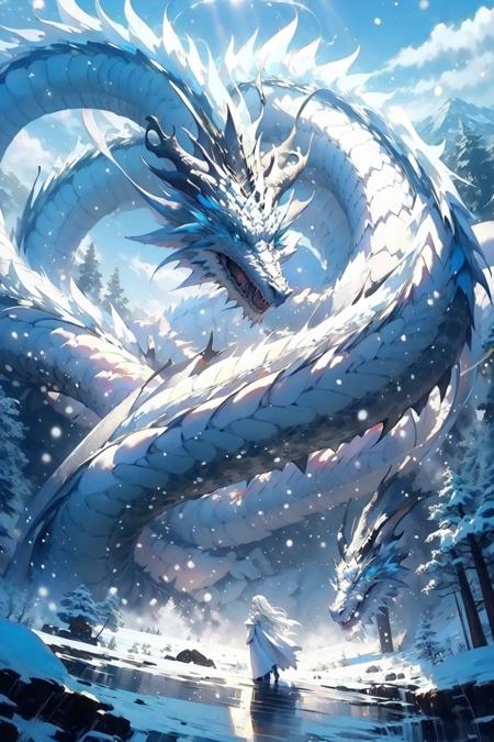 (masterpiece:1.2),best quality,PIXIV,Chinese dragon,
dragon, snow, long hair, 1girl, outdoors, sky, cloud, white hair, horns, mountain, day, tree, very long hair, snowing, blue eyes, scenery, light rays, robe, sunlight
<lora:Chinese dragon-000014:1>,