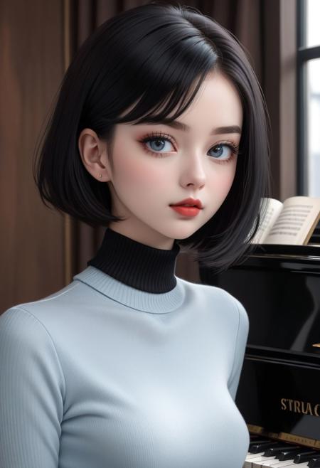 (score_9, score_8_up, score_8:1.2), (1girl, solo, masterpiece, 8k, HDR,), a beautiful and alluring young woman, (pale white skin:1.2), blushing, (black short hair:1.2), (middle-part hair:1.2), light blue eyes, black lipstick, dark eyeliner, chain choker, small breasts, flat chest, tight waist, slim feminine body, small hips, round ass, cute, eyelashes, character concept art of a beautiful woman stading on top of a piano, dark tight turtleneck, dark tight skirt, extremely sexy, seductive, dark music room.