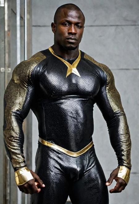 a very strong 34-year-old senegalese supervillain bodybuilder  male, with short hair,  evil face, evil expression, wearing a skin tight latex jockstrap, wearing a skin tight black latex supervillain suit with silver and gold patterns, big muscles. standing at attention posture, inside a supervillains headquarters, looking to the camera, detailed face, Cinematic, Photoshoot, Shot on 25mm lens, Depth of Field, Tilt Blur, Shutter Speed 1/1000, F/22, White Balance, 32k, Super-Resolution, Pro Photo RGB, Half rear Lighting, Backlight, Dramatic Lighting, Incandescent, Soft Lighting, Volumetric, Conte-Jour, Global Illumination, Screen Space Global Illumination, Scattering, Shadows, Rough, Shimmering, Lumen Reflections, Screen Space Reflections, Diffraction Grading, Chromatic Aberration, GB Displacement, Scan Lines, Ambient Occlusion, Anti-Aliasing, FKAA, TXAA, RTX, SSAO, OpenGL-Shader s, Post Processing, Post-Production, Cell Shading, Tone Mapping, CGI, VFX, SFX, insanely detailed and intricate, hyper maximalist, elegant, dynamic pose, photography, volumetric, ultra-detailed, intricate details, super detailed, ambient