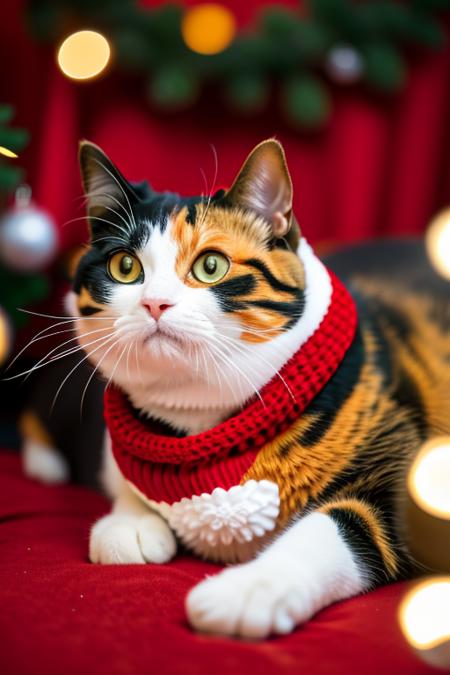 calico cat,Christmas costume,holiday theme,presents,bokeh lights,red background,festive decoration,attentive expression,indoor,fabric texture,close-up,blurred background,high-resolution image,warm colors,lying down,animal portrait,