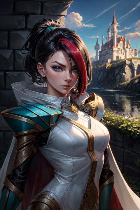 fiora \(league of legends\), 1girl, streaked hair, white bodysuit, green pants, solo, detailed face, looking at viewer, upper body, potrait, outdoor, castle, stone walkway, houses, (masterpiece:1.2, best quality)