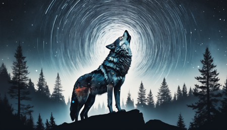 surreal double exposure portrait of a beautiful howling wolve in dark mountain forest scenery against star trail starry night, by Dave White, Conrad Roset, Brandon Kidwell, Andreas Lie, Dan Mountford, Agnes Cecile, triadic colours, thick opaque strokes, accurate depth of field, hyper detailed, whimsical, dynamic, dreamy masterwork