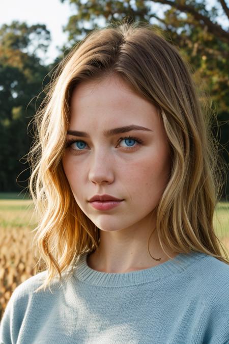 Portrait photo of a woman br1ttsc, with detailed light blue eyes, (blonde hair:1.3)
BREAK, wearing a sweater, posing for a picture
BREAK with a field in the background, moody light, (masterpiece), (detailed face:1.2), (detailed light blue eyes:1.1)