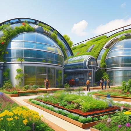 a  futuristic permaculture garden  factory for heavy industry, style_solarpunk,  High Detail, Sharp focus, trending on artstation, Digital art,