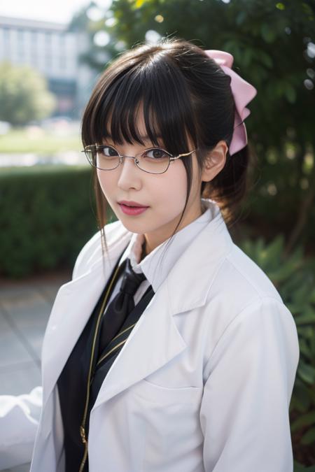 ultra-detailed,highly detailed,best quality,masterpiece,illustration,realistic,
shiguma rika, 1girl, solo, cosplay,
st. chronica academy school uniform,
glasses,hair bow, labcoat,
looking at viewer, upper body,
outdoors, nature, 
<lora:shiguma rika_v1_07:0.7>