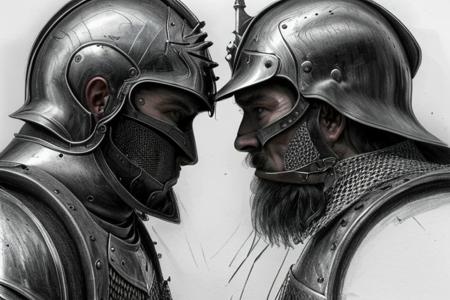 Pencil sketch, intricately detailed, rich shadows, highest resolution, highest quality, 8k UHD, 
the best perfect realistic HD ultra HD 4k image ,battle between knightsmedieval, nearby castle, weapons swords, super realistic picture 4k resolution, ultra HD, realizam, detailed visualizations of knights and landscape, detailed image of their faces and weapons and armor