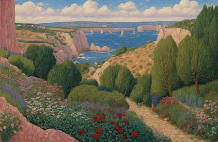 style of Henry Moret, boscage ,clump ,garden ,parcel , Canyon , a painting,scenery,scene painting,