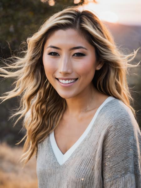 (professional headshot photo), RAW photo, dichen_lachman, 8k uhd, dslr, soft lighting, high quality, film grain, Fujifilm XT3 high quality, 4k, highly detailed, 1girl, (highly detailed skin), sunrise,outside, gorgeous, (realistic face), smiling, open mouth, teeth, (close-up:1.5), portrait, smiling, v-neck sweater, <lora:dichen_lachman_sdxl_2500:0.7>