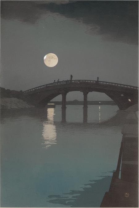 shin hanga style, 1girl,solo,outdoors,sky,cloud,water,night,border,moon,cloudy_sky,scenery,full_moon,silhouette,bridge<lora:Shin_Hanga_sd1.5_v1:1>