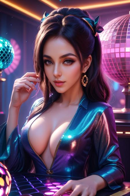 Disco-themed <lora:FFai.0050.Sdxlronghua_V11.lora:1> ((best quality)), ((masterpiece)), (detailed) Female, [Worgen in a bottle], on a desk, highly detailed skin, looking at the viewer, fantasy art, stunning gradient colors, background of a library, no watermark signature, closed mouth, insanely detailed, ((masterpiece)), HDR, key visual, vibrant, studio quality, highly detailed,close portrait,(manga:1.3),beautiful,attractive,handsome,trending on ArtStation,DeviantArt contest winner,CGSociety,ultrafine,detailed,studio lighting . Vibrant, groovy, retro 70s style, shiny disco balls, neon lights, dance floor, highly detailed