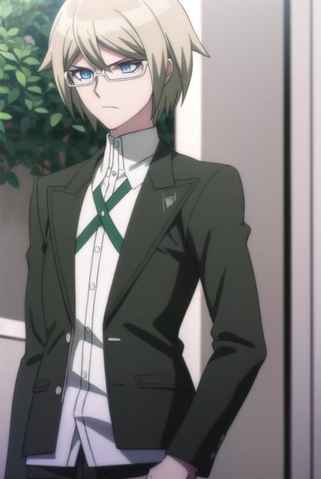 byakuyatogami, <lora:byakuya togami s1-lora-nochekaiser:1>,
byakuya togami, short hair, bangs, blue eyes, blonde hair, male focus, glasses, semi-rimless eyewear,
BREAK shirt, long sleeves, jacket, white shirt, open clothes, glasses, collared shirt, belt, pants, open jacket, black jacket, dress shirt, black pants, black belt, shirt tucked in, brown belt,
BREAK outdoors, classroom,
BREAK looking at viewer, (cowboy shot:1.5),
BREAK <lyco:GoodHands-beta2:1>, (masterpiece:1.2), best quality, high resolution, unity 8k wallpaper, (illustration:0.8), (beautiful detailed eyes:1.6), extremely detailed face, perfect lighting, extremely detailed CG, (perfect hands, perfect anatomy),