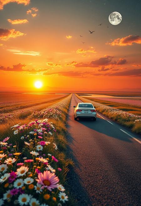 White, pink, yellow, colorful flower fields, the road continues into the sunset, emphasizing the perspective, expanding the area near the sunset and the distant area, the sunset is reflected on the water surface, waves, swaying grass and flying birds, shadows on the clouds, the car is positioned based on the golden ratio, movement, savannah wilds, arid prairie, detailed scenery, full moon, night, clouds, starry sky, milky way, 
best quality, sharp focus, high contrast, colorful, ultra quality, 8k, best quality,