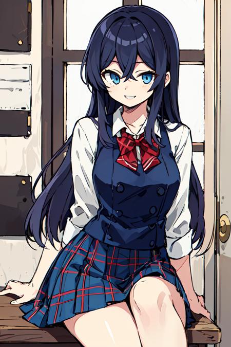 <lora:tori:0.8>masterpiece,best quality,,girl,long black straight hair,blue eyes,in white school uniform ,blue plaid skirt,  smile,,