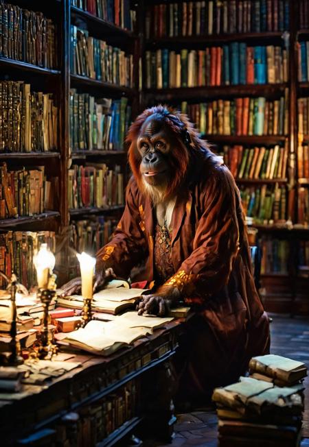 Highest quality illustration, 4k, UHD, image by fr4z3tt4, a picture of an "Orangutan librarian", not just any orangutan, but the orangutan of "Unseen University", sitting at his desk in Unseen University (((Library))), a place of knoweledge, storing vast amouts of magical , dangerous books and references.
The orangutan librarin is sttting at his deskcontemplating the meaning of life