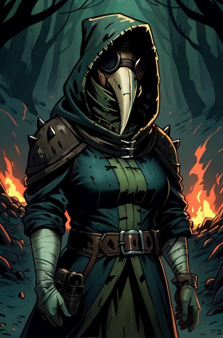 Pdctor,
hood, belt , shoulder armor, pouch , belt, bandages, goggles, Plague Doctor Mask,
standing, upper body,
woods, dark, darkest dungeon, green gas, gas in background,
(insanely detailed, beautiful detailed face, masterpiece, best quality)
<lora:plaguedoctor:0.7>