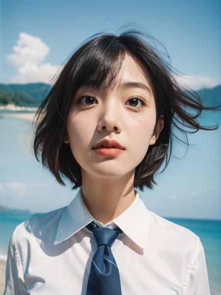 Best quality, masterpiece, ultra high res, (photorealistic:1.4), raw photo, 1girl, short bob, school girl, jk uniform, jk suit, shirt, necktie, (portrait:1.2), beach background, realistic photo, Fuji negative film, low saturation, low contrast, fuji ftx5 <lora:FilmVelvia2:0.4>   <lora:jk:0.4>