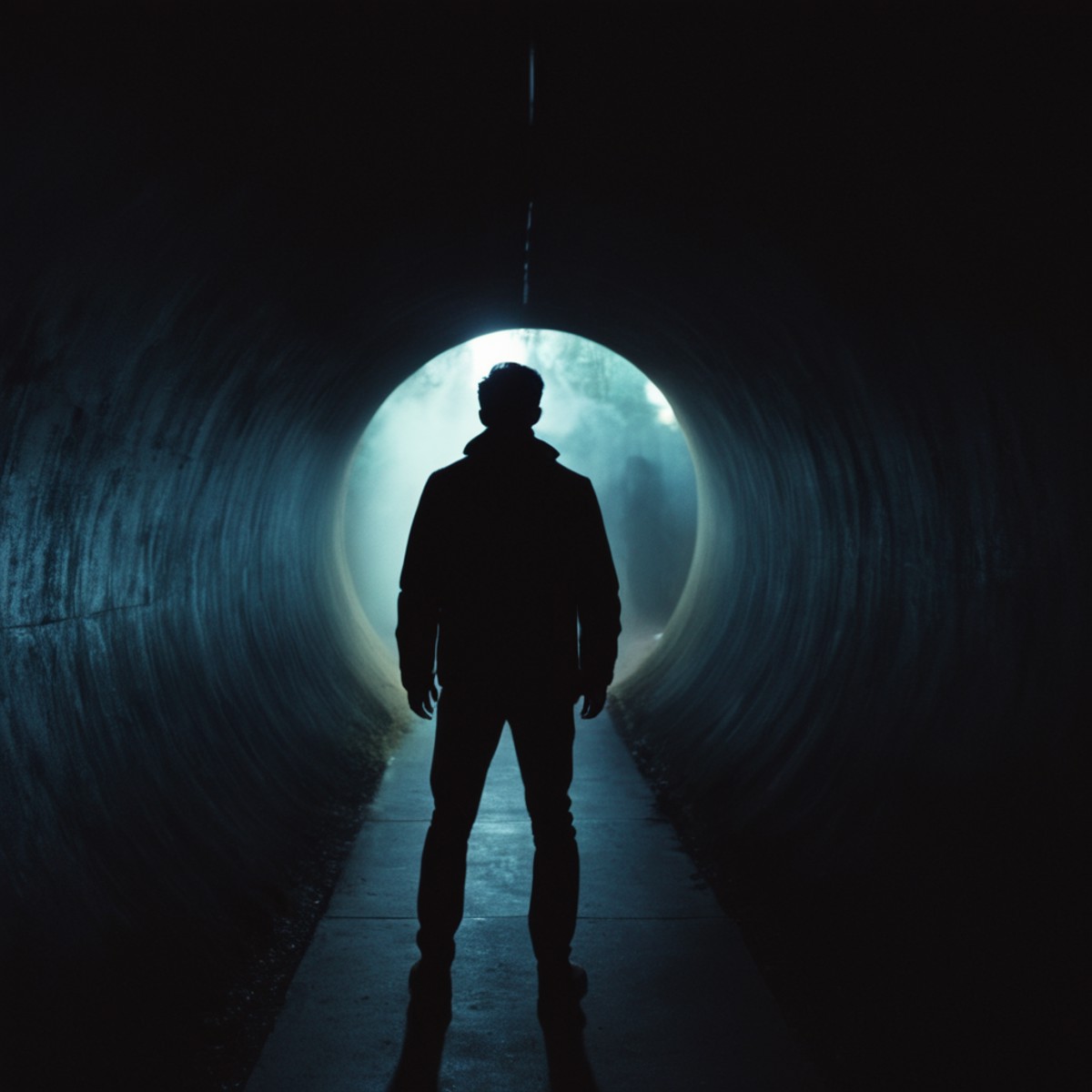 cinematic film still of  <lora:silhouette style:1>
A silhouette photo of a person standing in a tunnel with a flashlight,s...