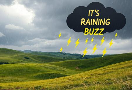 Very detailed landscape of rolling hills with green grass, cloudy rainy weather, where the rain droplets are made of yellow buzz lightning symbol. The dark rainy clouds have a single line of text in them "IT'S RAINING BUZZ"