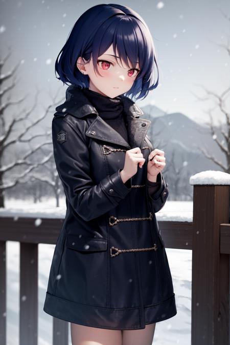 masterpiece, best quality, highres, 1girl <lora:tachibana_rui_no_outfit:1> jacket, coat, snowing