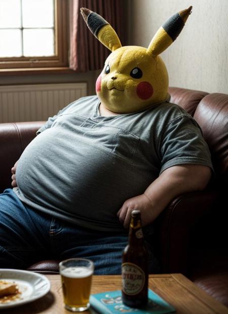 score_9, score_8_up, score_7_up, score_6_up,  score_4_up, (very fat:1.4),   Pikachu, terrible,  drunk, drinking beer,  sad, tired, angry, Sitting on the couch,  An abandoned room,  ultrarealistic, realistic lighting,  sharp focus,     <lora:more_details:0.3>