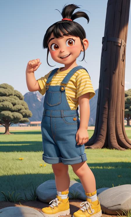 1girl, Black hair with straight bangs and a ponytail with a red band, big round brown eyes, slightly blushed cheeks, smiling expression, wearing a striped yellow and blue shirt, blue overalls, white shoes with gray soles <lora:Agnes_Gru:1>, park, grass, tree, (child:1.2), rocks