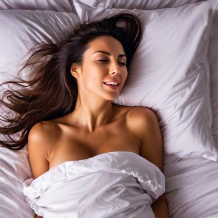 portrait of a gorgeous natural woman having the most sensual and passionate sensation; climatic emotional explosion; joyous relief; in bed