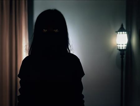 (dark shot:1.4), 80mm, deathia, blurry, a silhouette of a woman in a dark room, shot from movie, black eyes and sclera, kuntilanak, eyes shone bright in the night, emerging from a lamp, the ring is horizontal, hair over her eyes, lowkey, low quality, blurry, horror,  <lora:deathia_yiu_v10:0.7>, soft light, sharp, exposure blend, medium shot, bokeh, (hdr:1.4), high contrast, (cinematic, teal and orange:0.85), (muted colors, dim colors, soothing tones:1.3), low saturation, (hyperdetailed:1.2), (noir:0.4)