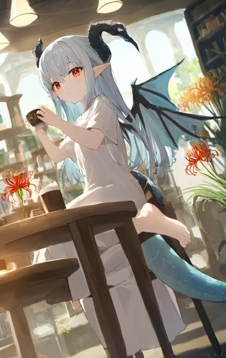 1girl, solo, 
wings, spider lily, flower, pointy ears, tail, dragon tail, dynamic angle, white dress, long skirt, barefoot, dragon tail, dragon horns, dragon wings, cafe, depth of field, table.
In a quaint café imbued with the aroma of fresh coffee, a beguiling young maiden sits, her presence an ethereal blend of fantasy and modernity. Draped in a stylish jacket, T-shirt, and skirt that flirt with the contours of today's fashion, she is not just any patron. From her back sprout dragon wings, unfurled yet at peace, and a dragon tail that coils elegantly around her chair. In her delicate hands, she cradles a bunch of lycoris flowers, their vibrant hue a poetic contrast to her enigmatic aura.t and a bookshelf full of various books, Nearby, one can see a cup placed on a table.
masterpiece, best quality, absurdres, recent, newest, safe, sensitive