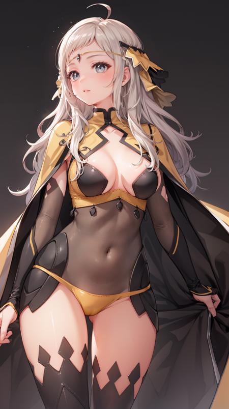 grey eyes, long hair, blonde hair, ahoge, cape, circlet, bodystocking, turtleneck, thighhighs, cleavage, yellow panties, book, holding book, elbow gloves, high heels, toeless footwear