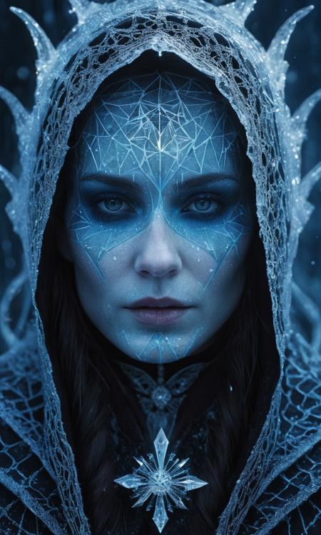 cinematic still A symmetric portrait of a woman, (evil frozen necromancer woman:1.3), features dissolving into frozen magic thin, luminescent blue lines. Weighted Voronoi stippling and laser caustics create a network, transitioning from hyperrealistic detail to abstract, quantum-inspired forms. Ethereal hues blend, evoking existential transition and mystery. Close-up on face, evil skull partially visible. Set against a twilight arctic backdrop, icy winds ripple through her tattered robes. Rendered in a fusion of photorealism and digital surrealism, the scene is illuminated by ghostly Northern Lights. Emphasis on cold, menacing atmosphere, invoking Nordic myths, breasts, bright eyes, masterpiece . emotional, harmonious, vignette, 4k epic detailed, shot on kodak, 35mm photo, sharp focus, high budget, cinemascope, moody, epic, gorgeous, film grain, grainy, A symmetric portrait of a woman, (evil frozen necromancer woman:1.3), features dissolving into frozen magic thin, luminescent blue lines. Weighted Voronoi stippling and laser caustics create a network, transitioning from hyperrealistic detail to abstract, quantum-inspired forms. Ethereal hues blend, evoking existential transition and mystery. Close-up on face, evil skull partially visible. Set against a twilight arctic backdrop, icy winds ripple through her tattered robes. Rendered in a fusion of photorealism and digital surrealism, the scene is illuminated by ghostly Northern Lights. Emphasis on cold, menacing atmosphere, invoking Nordic myths, breasts, bright eyes, masterpiece, fantastic composition
