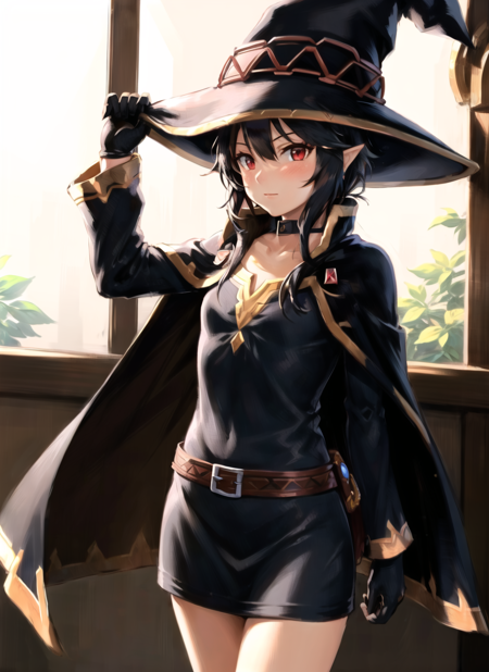 anime coloring, megumin, 1girl, bare shoulders, black hair, black cape, black gloves, blush, cape, choker, collarbone, dress, hair between eyes, hat, long sleeves, looking at viewer, medium hair, off-shoulder dress, off shoulder, red dress, red eyes, sidelocks, solo, witch hat, indoors, ((masterpiece)), the legend of zelda: breath of the wild 
<lora:tloz_offset:1>