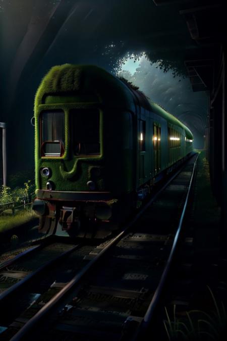 photorealistic image,  masterpiece, Photograph of realistic, an old railway car used as an apartment in the forest.grassify morph,  highly detailed, cinematic,   sunshine. 8k artistic photography, photorealistic concept art, soft natural volumetric cinematic perfect light
